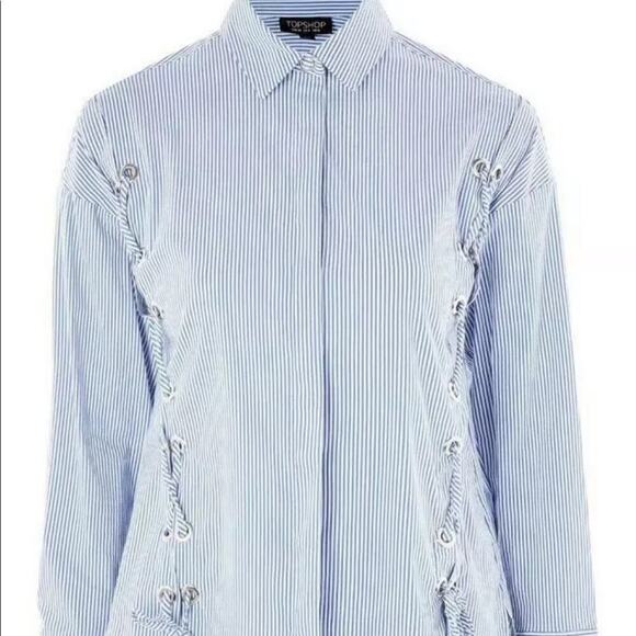 Topshop Striped Lace Up Poplin Button Down Shirt - Picture 2 of 12